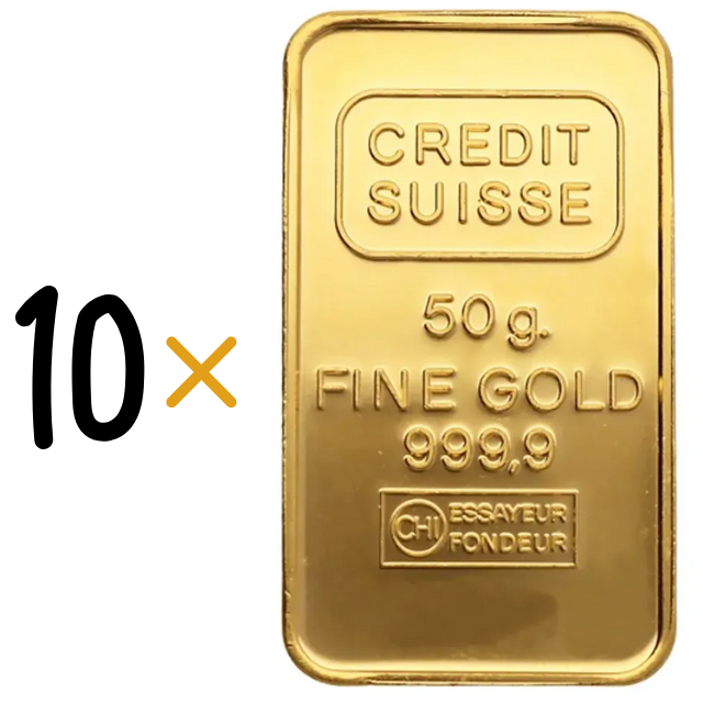 Credit Suisse 50 Gram 24 Carat Gold Bars – Set of 10 (500 Grams Total)