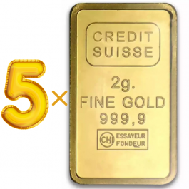 Credit Suisse 2 Gram 24 Carat Gold Bars – Set of 5 (Total 10 Grams)