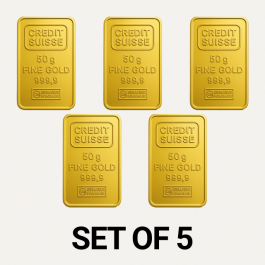 Credit Suisse 50 Gram 24 Carat Gold Bars – Set of 5 (250 Grams Total)
