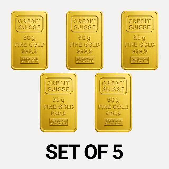 Credit Suisse 50 Gram 24 Carat Gold Bars – Set of 5 (250 Grams Total)