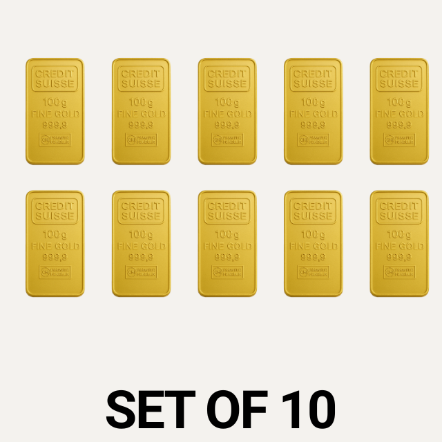 Credit Suisse 100 Gram 24 Carat Gold Bars – Set of 10 (1 Kilogram Total)