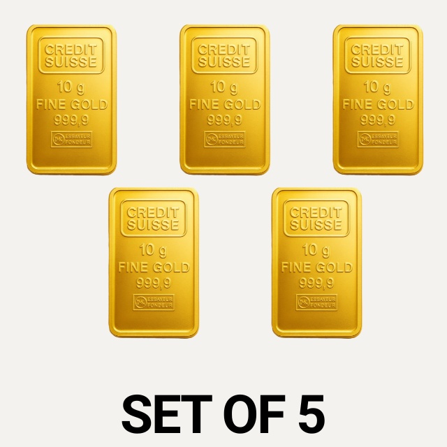 Credit Suisse 10 Gram 24 Carat Gold Bars – Set of 5 (Total 50 Grams)