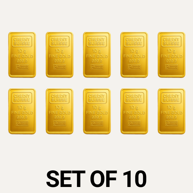 Credit Suisse 10 Gram 24 Carat Gold Bars – Set of 10 (Total 100 Grams)
