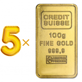 Credit Suisse 100 Gram 24 Carat Gold Bars – Set of 5 (500 Grams Total)