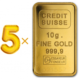 Credit Suisse 10 Gram 24 Carat Gold Bars – Set of 5 (Total 50 Grams)