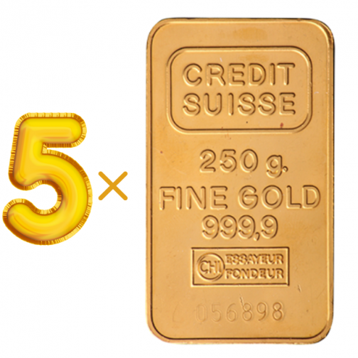 Credit Suisse 250 Gram 24 Carat Gold Bars – Set of 5 (Total 1250 Grams)