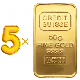 Credit Suisse 50 Gram 24 Carat Gold Bars – Set of 5 (250 Grams Total)