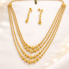 22 Carat Gold Multi-Layer Beaded Chain Set with Earrings – 40.4 Grams | Premium Traditional Design