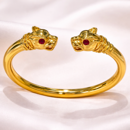 Royal Panther Open Flexible Gold Bangle with Red Eye Stones – 27.3G