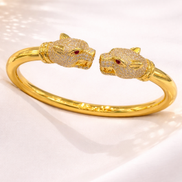 22 Carat Gold Open Panther Bangle with Red Stone Eyes & White Stones – 27.7 Grams | Flexible Designer Kada