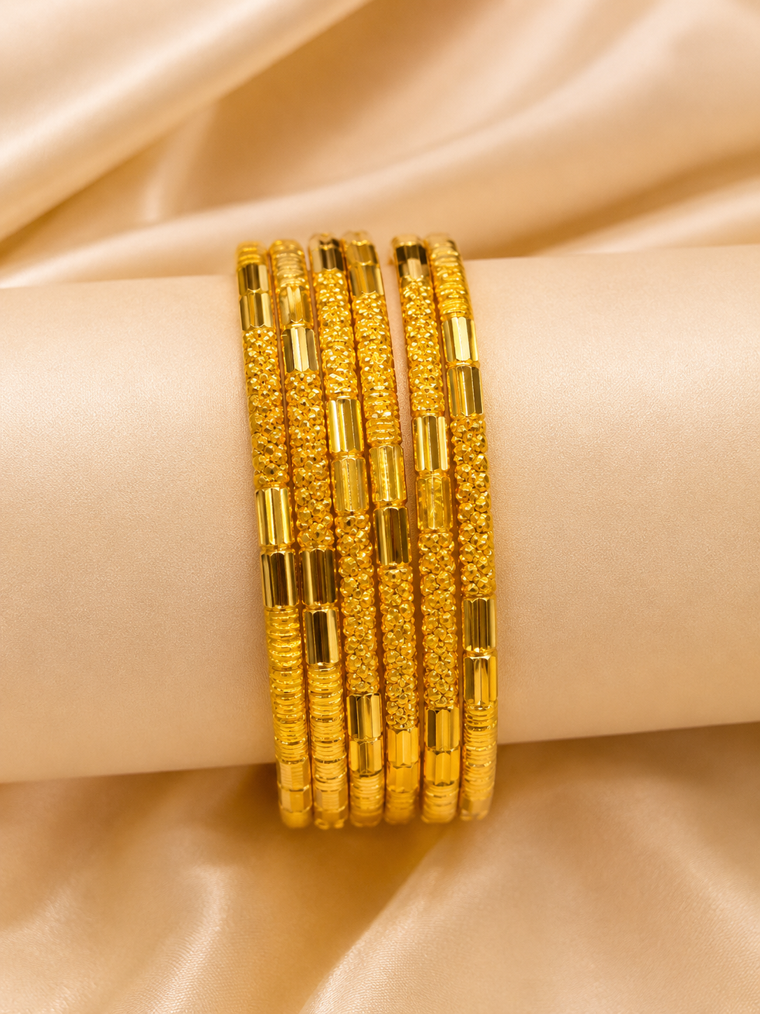 22K Gold Bangle Set (Set of 6) – Size 2.8 | 74.4g | Traditional Textured Gold Bangles