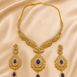 22K Gold Necklace Set (Set 4) – 57.5g | Traditional Gold Necklace with Blue Stone Pendant & Matching Earrings