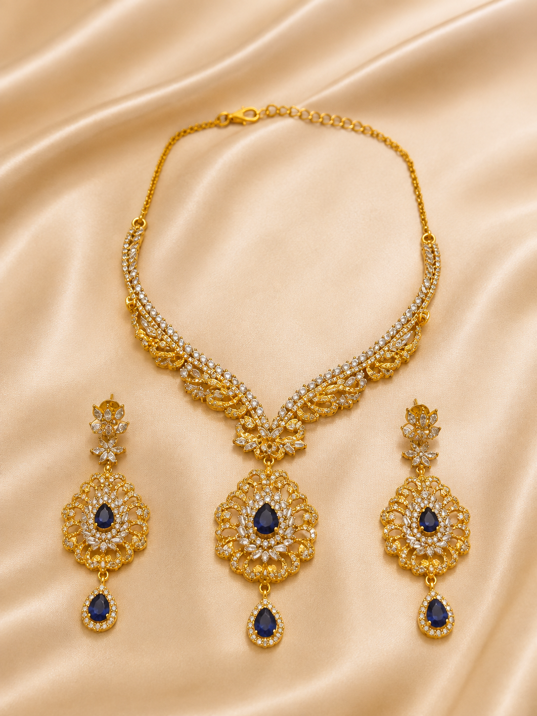 22K Gold Necklace Set (Set 4) – 57.5g | Traditional Gold Necklace with Blue Stone Pendant & Matching Earrings